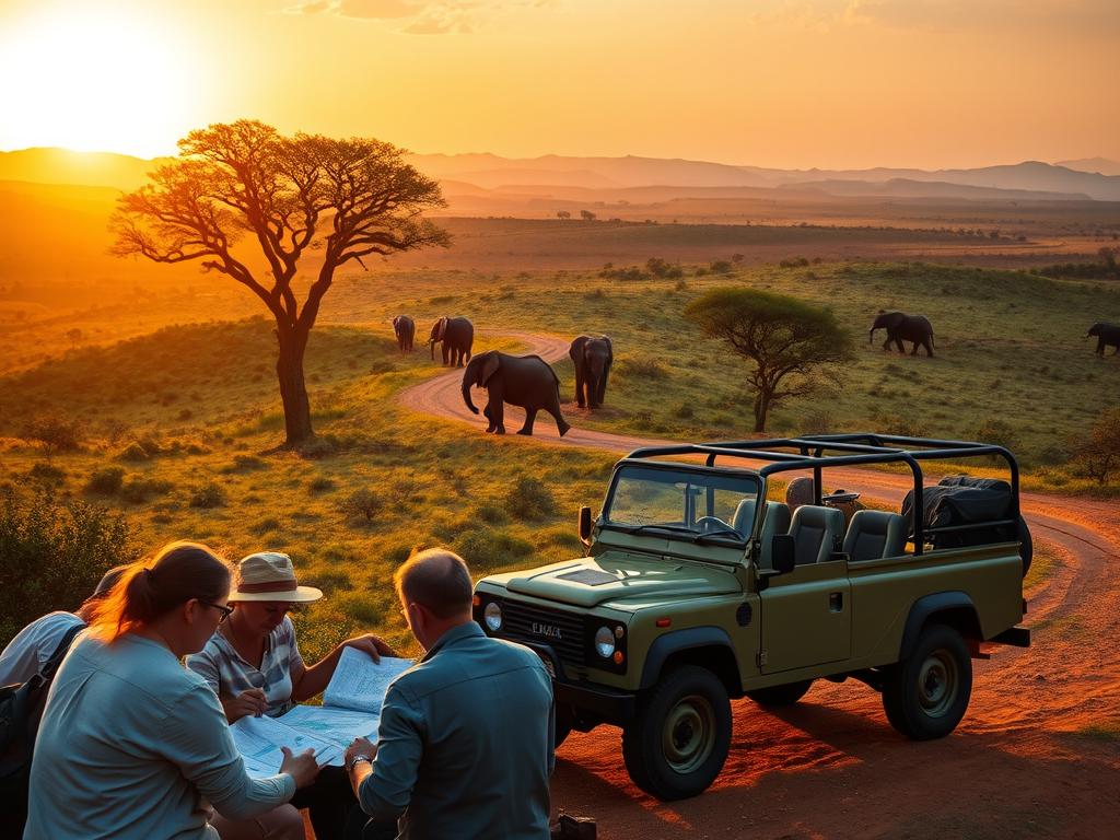 A vibrant African safari landscape unfolds, with lush rolling hills, a winding dirt path, and a herd of majestic elephants in the distance. In the foreground, a group of travelers gather, poring over maps and itineraries, planning their dream expedition. The warm, golden light of the setting sun casts a dreamy glow, evoking a sense of adventure and exploration. The middle ground features a vintage-style jeep, its rugged design hinting at the thrilling adventures to come. In the background, silhouetted acacia trees sway gently, framing the scene and hinting at the untamed wilderness that awaits. This image captures the essence of carefully planning a comprehensive safari journey, where every detail is considered to ensure an unforgettable experience. A vibrant African safari landscape unfolds, with lush rolling hills, a winding dirt path, and a herd of majestic elephants in the distance. In the foreground, a group of travelers gather, poring over maps and itineraries, planning their dream expedition. The warm, golden light of the setting sun casts a dreamy glow, evoking a sense of adventure and exploration. The middle ground features a vintage-style jeep, its rugged design hinting at the thrilling adventures to come. In the background, silhouetted acacia trees sway gently, framing the scene and hinting at the untamed wilderness that awaits. This image captures the essence of carefully planning a comprehensive safari journey, where every detail is considered to ensure an unforgettable experience.