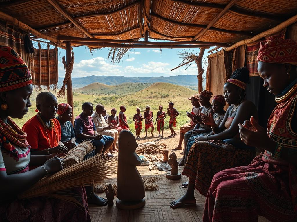 A vibrant and immersive scene of "Kultur Begegnungen Afrika" - a group of locals in a remote village engaged in traditional crafts, rituals, and cultural exchanges. In the foreground, artisans skillfully weave intricate textiles and carve wooden sculptures, surrounded by an array of vibrant tribal patterns and colorful garments. The middle ground features a community gathering, with elders sharing stories and younger generations participating in lively dance performances, their movements captured in a cinematic wide-angle lens. In the background, a serene landscape unfolds, showcasing the natural beauty of the African continent - rolling hills, lush greenery, and a brilliant azure sky. The lighting is warm and natural, evoking a sense of timeless authenticity and cultural immersion. This image aims to transport the viewer to a realm of genuine, untouched cultural encounters, embodying the essence of "Kultur Begegnungen Afrika."