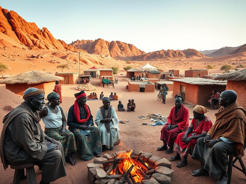 A vibrant, detailed scene capturing the cultural essence of the Damara community in Damaraland, Namibia. In the foreground, a group of Damara elders in traditional dress gather around a fire, engaged in lively conversation. The middle ground showcases a bustling village with mud-brick huts, children playing, and women weaving intricate textiles. In the background, the rugged, ochre-colored terrain of the Namibian landscape frames the scene, casting a warm, natural glow. The lighting is soft and diffused, highlighting the rich textures and vibrant colors of the Damara people and their way of life. Captured through a wide-angle lens, the image conveys a sense of immersion and cultural depth, transporting the viewer to the heart of this ancient community.