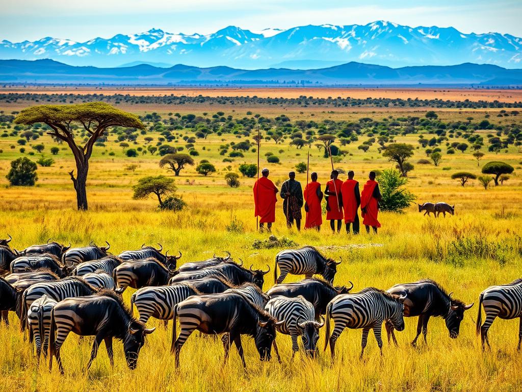 A vibrant landscape depicting the rolling grasslands and acacia trees of the Masai Mara National Reserve in Kenya. The foreground features a herd of grazing wildebeest, their distinctive black and white striped coats catching the warm, golden light of the afternoon sun. In the middle ground, a group of Masai tribespeople stand watching over the wildlife, their traditional red robes and wooden spears a striking contrast against the verdant backdrop. The distant horizon is dotted with the silhouettes of majestic, snow-capped mountains, creating a breathtaking panorama. The overall scene conveys a sense of tranquility and the harmony between the local community and the natural world, reflecting the delicate balance of conservation efforts in this iconic African landscape.