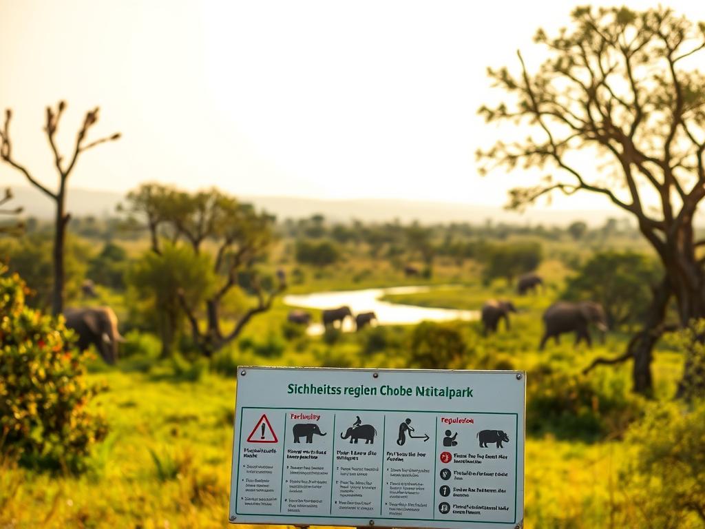 A vibrant landscape in Chobe National Park, Botswana. In the foreground, a clear signage displays the park's safety regulations in German - "Sicherheitsregeln Chobe Nationalpark" - with detailed pictograms illustrating guidelines for visitors. The middle ground features a lush, verdant environment with towering acacia trees and a meandering river in the distance. In the background, the iconic silhouettes of elephants and other wildlife can be seen against a warm, golden-hued sky. The lighting is soft and natural, creating a serene, welcoming atmosphere that invites exploration and appreciation of the park's natural wonders while emphasizing the importance of responsible and safe behavior.