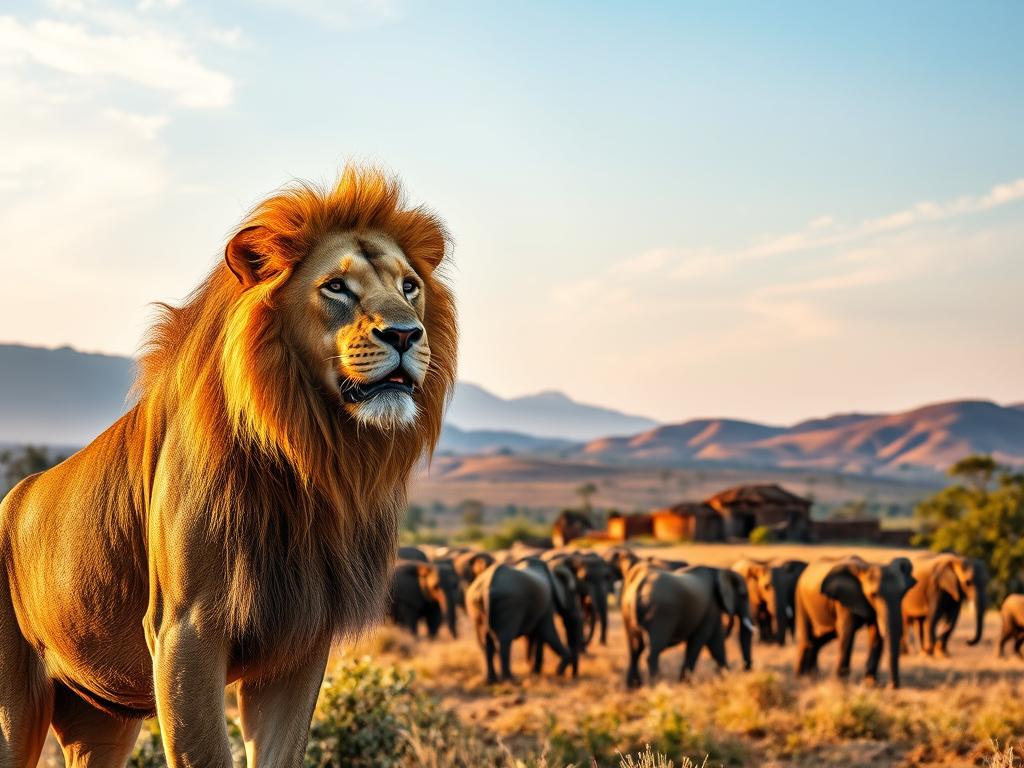 A vibrant landscape in the heart of Africa, showcasing the diverse Kultur Tierwelt. In the foreground, a majestic lion stands proud, its golden mane illuminated by warm, soft lighting. In the middle ground, a herd of elephants grazes peacefully, their wrinkled skin glistening in the afternoon sun. In the background, a traditional mud-brick village nestles against a backdrop of rolling hills and a striking, cloudless sky. The scene exudes a sense of tranquility and authenticity, inviting the viewer to immerse themselves in the richness of African culture and wildlife.