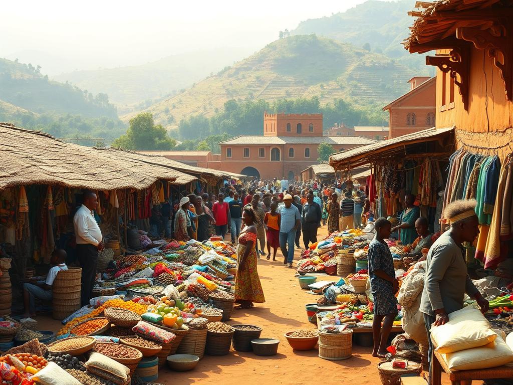 A vibrant marketplace in a bustling African village, with vendors selling handcrafted goods, local produce, and textiles. The foreground is filled with colorful stalls, their wares spilling out onto the dusty ground. In the middle ground, a crowd of people mingle, examining the offerings and negotiating prices. The background reveals the traditional mud-brick architecture, with thatched roofs and intricate carvings, set against a backdrop of lush, verdant hills. Warm, diffused sunlight filters through, casting a golden glow over the entire scene. The air is thick with the aroma of spices, the sound of laughter, and the energy of cultural exchange.