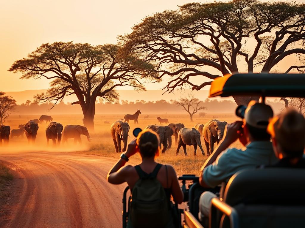 A vibrant safari game drive in the Hluhluwe-iMfolozi Park, capturing the essence of the African wild. In the foreground, a safari vehicle navigates a dusty road, with a group of intrepid wildlife enthusiasts peering out, binoculars in hand, observing the abundant fauna. The middle ground features a herd of majestic elephants grazing, their massive forms silhouetted against a warm, golden-hued sky. In the distance, a pride of lions rests in the shade of a sprawling acacia tree, their regal presence commanding the landscape. The scene is illuminated by the soft, diffused light of an early morning, creating a sense of tranquility and adventure. The overall composition captures the essence of an authentic African safari experience.