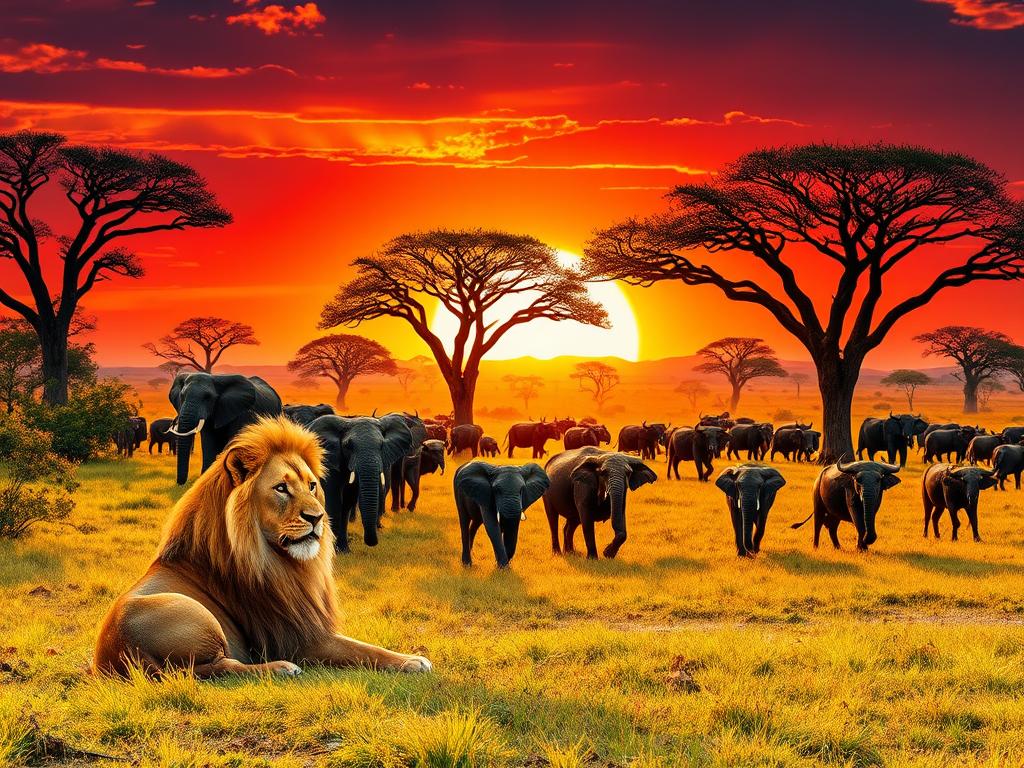 A vibrant safari scene capturing the Big Five in their natural habitat. In the foreground, a majestic lion rests on the savanna, its golden mane catching the warm, golden-hour light. In the middle ground, a herd of elephants majestically strides across the lush, grassy landscape, their large ears flapping gently. In the background, a magnificent herd of buffalo graze, their powerful frames silhouetted against a dramatic, fiery sunset sky. Towering acacia trees dot the scene, casting long shadows that dance across the terrain. The overall atmosphere evokes a sense of wonder, adventure, and the raw, untamed beauty of the African wilderness.
