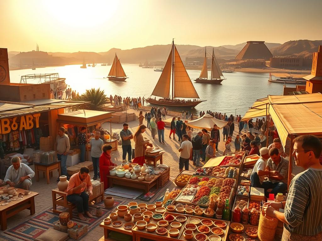 A vibrant scene in Luxor, Egypt, showcasing the diverse activities and tourism offerings. In the foreground, locals and visitors engage in traditional handicrafts, pottery making, and textiles weaving, their skilled hands bringing ancient techniques to life. The middle ground features bustling marketplaces, colorful stalls displaying an array of spices, fruits, and handcrafted souvenirs. In the background, the iconic Nile River winds its way, with feluccas (traditional sailboats) gliding across the tranquil waters, set against the majestic backdrop of the Luxor Temple and the Valley of the Kings. Warm, golden sunlight filters through, creating a captivating atmosphere that reflects the timeless allure of this historical Egyptian city.