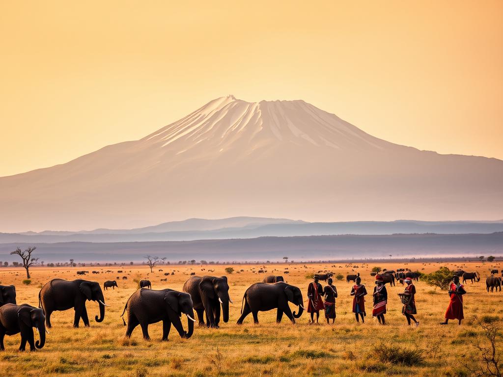 A vibrant scene in the Amboseli National Park, Kenya. In the foreground, a herd of elephants grazes peacefully, their mighty forms silhouetted against the stunning backdrop of Mount Kilimanjaro, its snow-capped peaks gleaming in the warm, golden light. In the middle ground, Maasai tribespeople engage in traditional dances, their vibrant costumes and rhythmic movements capturing the cultural essence of the region. The rolling savanna stretches out in the distance, dotted with acacia trees and the occasional herd of wildebeest or zebra. The atmosphere is one of tranquility and wonder, inviting the viewer to immerse themselves in the beauty and energy of this remarkable natural setting. A vibrant scene in the Amboseli National Park, Kenya. In the foreground, a herd of elephants grazes peacefully, their mighty forms silhouetted against the stunning backdrop of Mount Kilimanjaro, its snow-capped peaks gleaming in the warm, golden light. In the middle ground, Maasai tribespeople engage in traditional dances, their vibrant costumes and rhythmic movements capturing the cultural essence of the region. The rolling savanna stretches out in the distance, dotted with acacia trees and the occasional herd of wildebeest or zebra. The atmosphere is one of tranquility and wonder, inviting the viewer to immerse themselves in the beauty and energy of this remarkable natural setting.