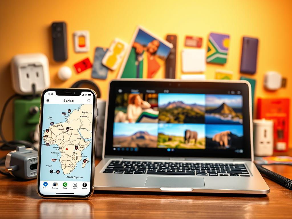 A vibrant scene of modern technology and communications in the context of South African travel. In the foreground, a smartphone displays a map of the region, with icons for local landmarks and transportation options. In the middle ground, a sleek laptop and a tablet showcasing images of stunning landscapes, wildlife, and cultural experiences. The background features a colorful array of international travel adapters, SIM cards, and other digital accessories, all set against a backdrop of warm, golden lighting that evokes the distinctive atmosphere of the African continent. The overall composition conveys a sense of seamless connectivity, empowering travelers to navigate and explore South Africa with ease and confidence.