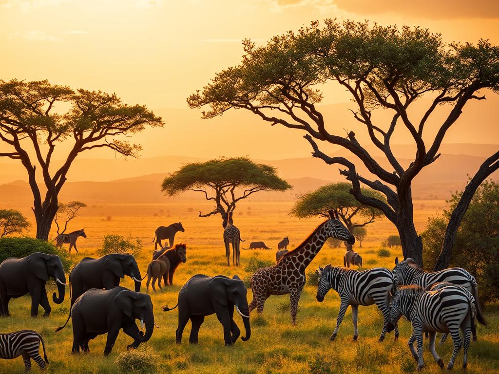 A vibrant scene of wildlife in the lush savannas of Kenya. In the foreground, a herd of elephants majestically roams, their massive frames silhouetted against the golden light. Nearby, a pride of lions lounges in the shade of acacia trees, their regal poses capturing the essence of the "Big 5." In the middle ground, a graceful giraffe extends its neck to browse on the verdant foliage, while a group of zebras graze, their distinctive black and white stripes creating a captivating pattern. The background is framed by the rolling hills and distant mountains, bathed in the warm tones of the African sunset. The entire composition exudes a sense of tranquility and awe-inspiring natural beauty, perfectly capturing the essence of Kenya's breathtaking wildlife.