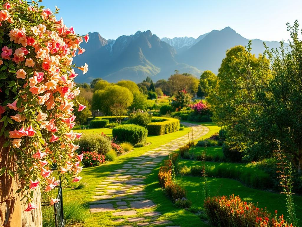 A vibrant springtime scene along the Garden Route, showcasing the region's seasonal highlights. In the foreground, a lush, blooming floral display cascades down a stone wall, the petals dancing in a gentle breeze. The middle ground features a winding path leading through a verdant, sun-dappled garden, lined with indigenous shrubs and trees in full bloom. In the background, the majestic Outeniqua Mountains rise up, their peaks dusted with a light layer of snow. The scene is bathed in warm, golden light, creating a serene and inviting atmosphere, perfectly capturing the essence of the Garden Route's seasonal beauty.