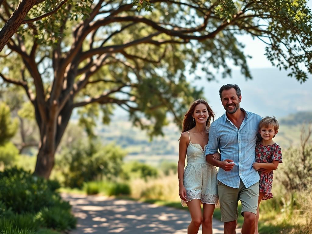 A warm, sunny family scene at a South African vacation destination. In the foreground, a joyful group of parents and children strolling along a tree-lined path, dressed in light, summery attire. The middle ground features lush, verdant vegetation and a glimpse of a picturesque landscape with rolling hills or mountains in the distance. Soft, diffused natural lighting filters through the scene, creating a inviting, relaxed atmosphere. The family's expressions convey a sense of wonder, togetherness, and excitement for their holiday adventure. The composition is balanced and harmonious, drawing the viewer into the tranquil, family-friendly ambiance of a South African travel experience.