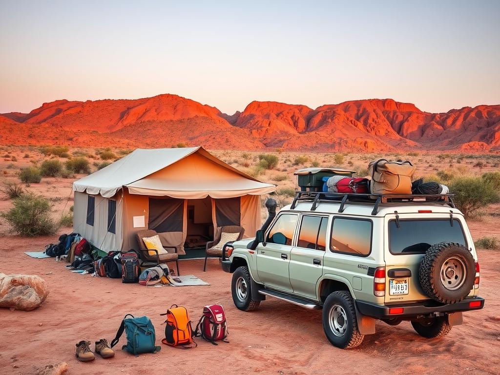 A well-equipped campsite nestled amidst the rugged Namibian landscape, backpacks and hiking gear scattered around a sturdy canvas tent, complemented by a reliable 4x4 rental vehicle parked nearby, its roof rack laden with additional camping supplies. Warm lighting from the setting sun casts a golden glow over the scene, hinting at the adventurous spirit of the expedition. The composition captures the essential elements of a self-guided safari, emphasizing the sense of exploration and self-reliance in this remote, picturesque setting. A well-equipped campsite nestled amidst the rugged Namibian landscape, backpacks and hiking gear scattered around a sturdy canvas tent, complemented by a reliable 4x4 rental vehicle parked nearby, its roof rack laden with additional camping supplies. Warm lighting from the setting sun casts a golden glow over the scene, hinting at the adventurous spirit of the expedition. The composition captures the essential elements of a self-guided safari, emphasizing the sense of exploration and self-reliance in this remote, picturesque setting.
