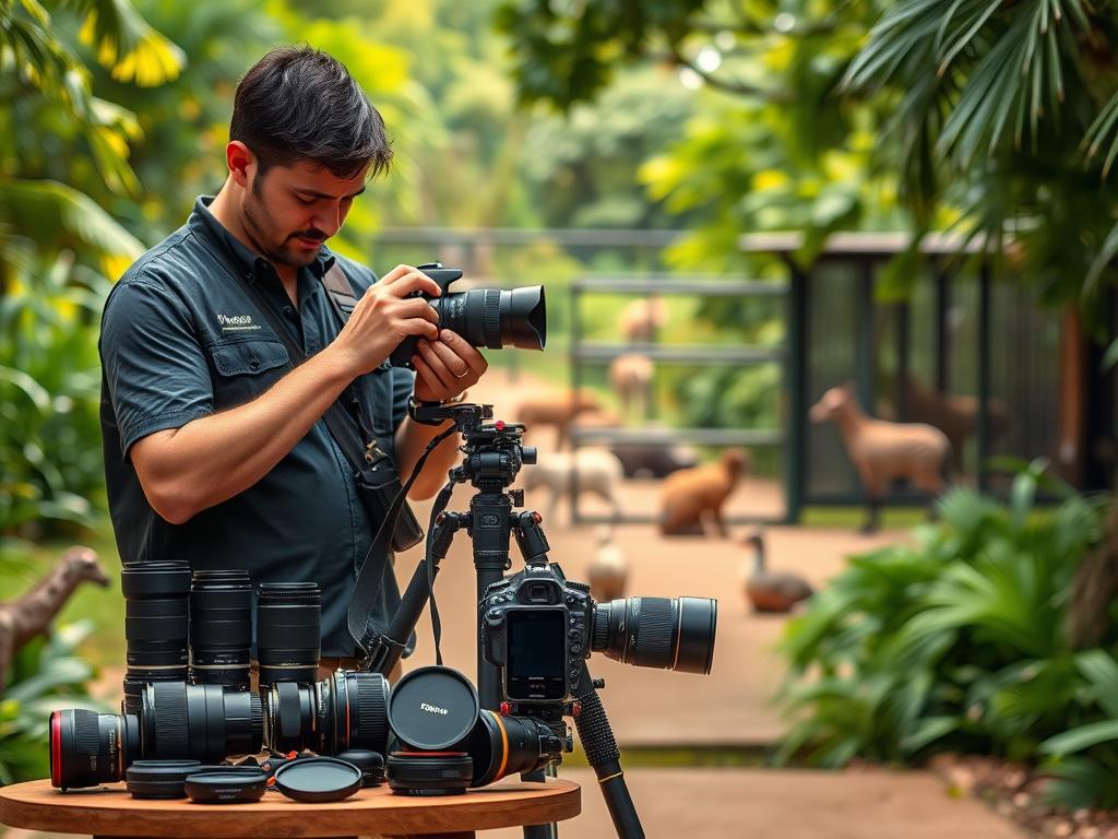 A well-equipped photographer stands in a lush zoo environment, meticulously examining their camera gear. The foreground features an array of professional-grade lenses, filters, and accessories laid out on a sturdy tripod. In the middle ground, the photographer intently studies the settings and functionality of their DSLR camera, ensuring optimal performance. The background showcases the vibrant greenery and enclosures of the zoo, hinting at the diverse wildlife awaiting capture. Soft, directional lighting casts warm tones, creating an atmosphere of focused preparation and anticipation. The overall scene conveys a sense of a photographer's thoughtful pre-shoot ritual, ready to masterfully document the upcoming safari adventure.