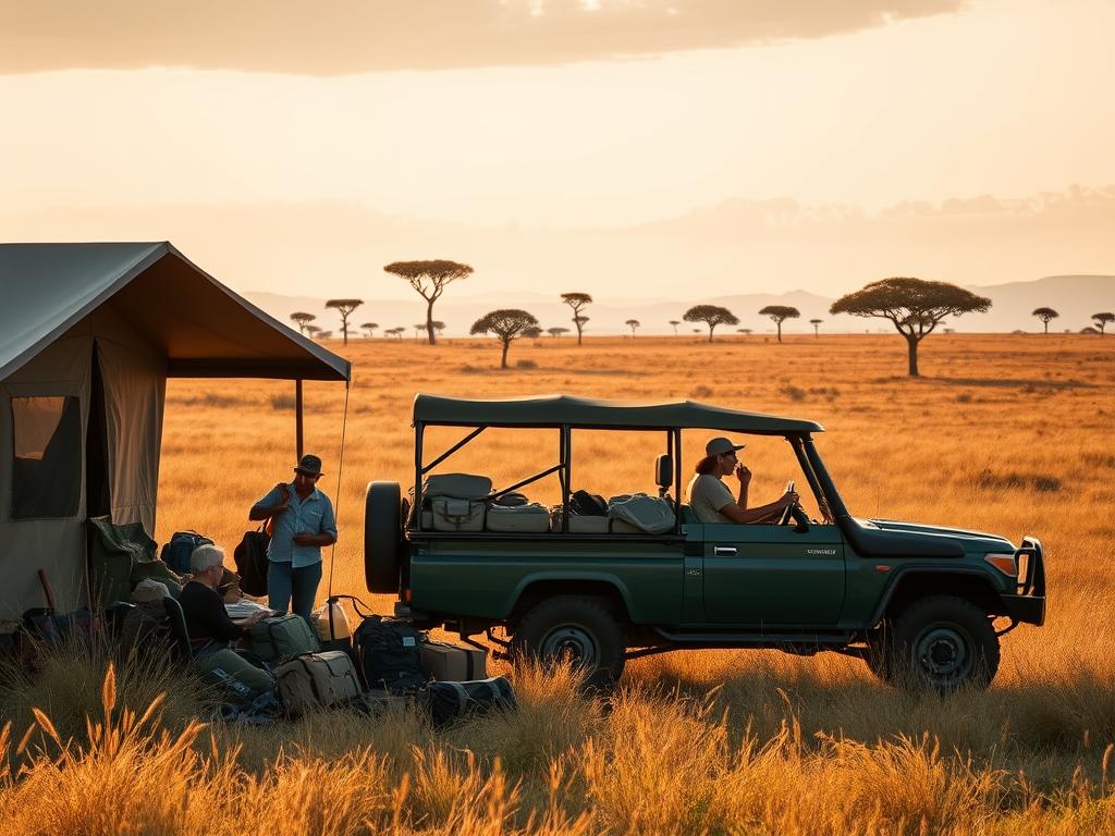 A well-equipped safari camp nestled amidst the vast, golden grasslands of the Masai Mara. In the foreground, a group of travelers packing their bags and gear, ready to embark on an unforgettable adventure. The middle ground features a classic safari Jeep, its sturdy frame and high clearance hinting at the rugged terrain ahead. In the background, the iconic silhouettes of acacia trees dot the horizon, framed by a vibrant, cloudless sky. Soft, warm lighting bathes the scene, evoking the tranquil atmosphere of the African savanna. This picturesque setting captures the practical, yet captivating essence of a Masai Mara safari journey.