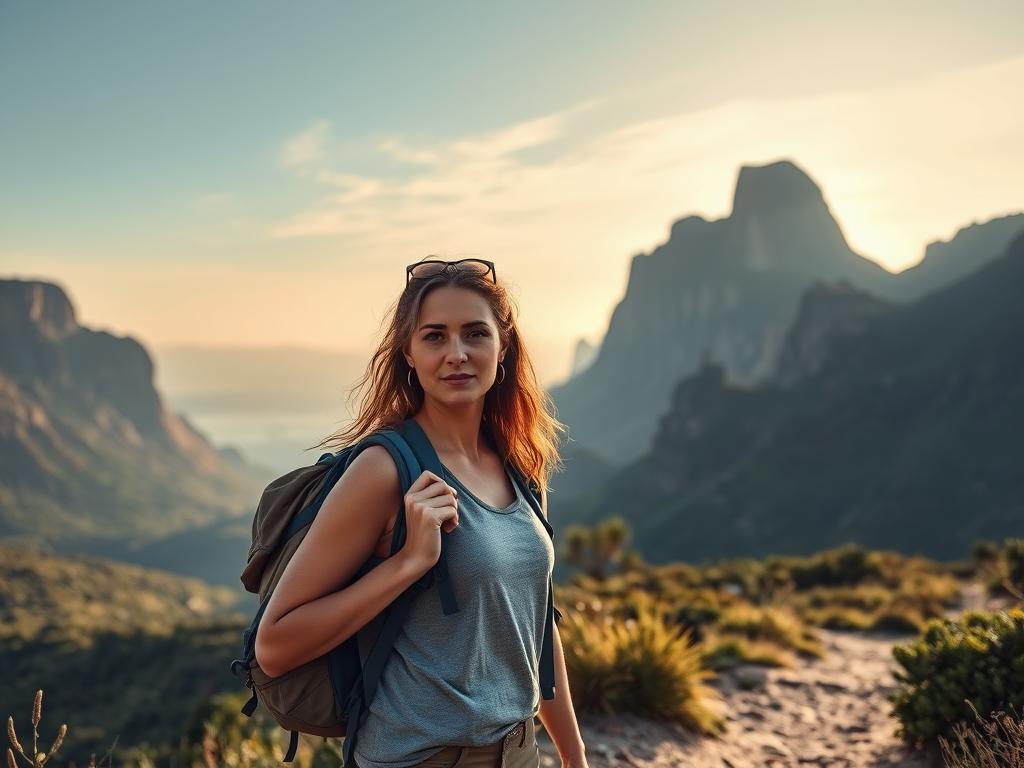 A well-lit scene depicting a solo female traveler in South Africa, standing confidently on a scenic mountain trail, with a backpack and hiking gear. The woman's expression is calm and alert, conveying a sense of caution and preparedness. The background features a dramatic landscape with towering peaks, lush vegetation, and a clear sky with soft natural lighting. The overall mood is one of adventure, resilience, and the empowerment of women exploring new horizons independently.