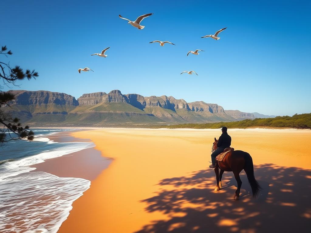 A wide, golden sandy beach stretches out beneath a clear, azure sky. Gentle waves lap against the shoreline, their rhythm punctuated by the cries of seagulls soaring overhead. In the distance, rugged cliffs rise up, their slopes covered in lush, verdant vegetation. A warm, coastal breeze rustles the leaves of the nearby trees, creating a tranquil, serene atmosphere. In the foreground, a solitary figure rides a horse, their silhouette framed by the breathtaking natural landscape. The scene captures the essence of Noordhoek Beach - a peaceful haven for those seeking adventure, solitude, and the restorative power of the great outdoors.