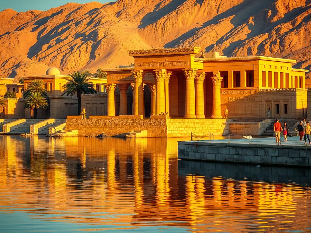 An ancient architectural marvel nestled along the Nile River, the Tempelanlagen in Luxor stand as a testament to the grandeur of ancient Egyptian civilization. Capture the towering pylons, ornate columns, and intricate reliefs bathed in warm, golden light. Showcase the serene reflection of the temples in the tranquil waters, creating a mesmerizing symmetry. Depict the scale and grandeur of these sacred sites, inviting the viewer to imagine the bustling activity and spiritual significance that once filled these hallowed halls. Convey a sense of timeless wonder and reverence, transporting the observer to a bygone era of pharaohs and deities. Craft a visually captivating image that encapsulates the essence of Luxor's legendary Tempelanlagen.
