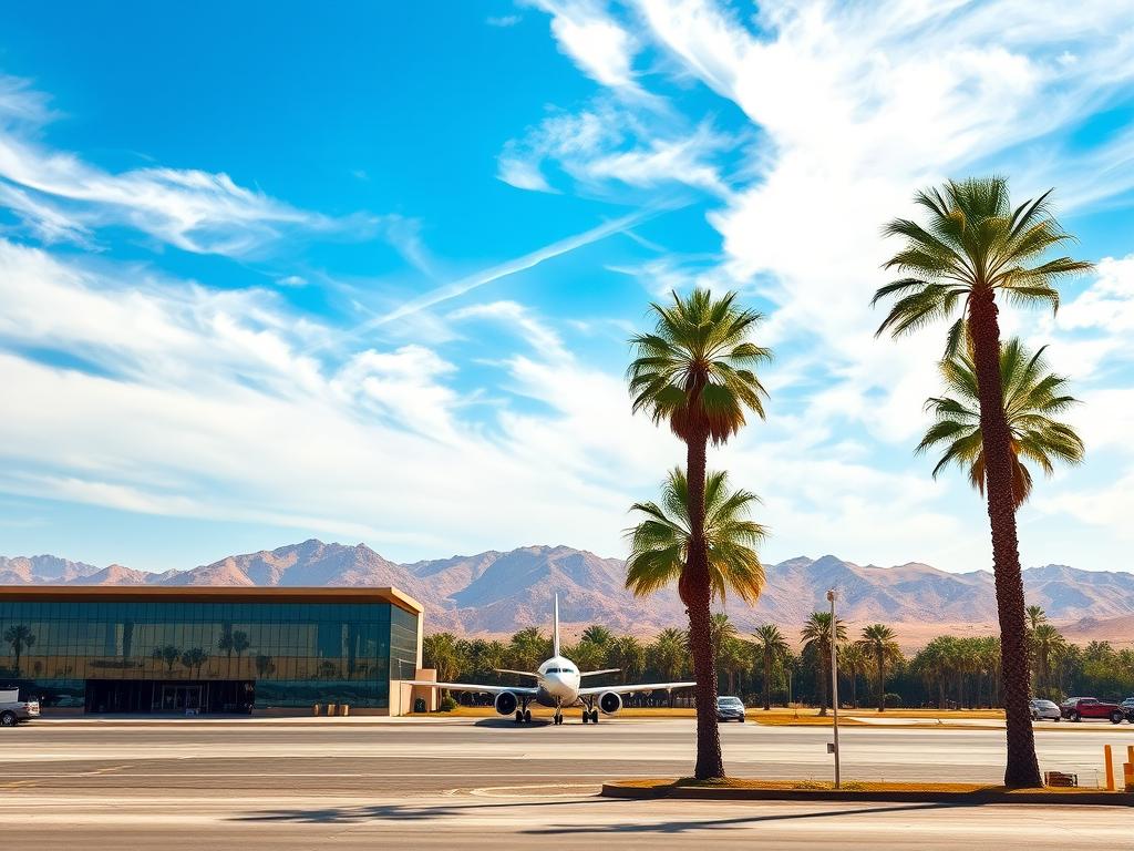 Arriving at the Luxor Airport: A serene scene of an international airport nestled amidst the majestic Egyptian landscape. In the foreground, a modern terminal building with sleek glass facades and a striking architectural design. Towering palm trees sway gently in the warm breeze, casting long shadows across the tarmac. In the middle ground, a commercial passenger jet gracefully touches down, its engines roaring as it decelerates. The sky is a brilliant azure, with wispy clouds drifting overhead, creating a picturesque backdrop for this important gateway to the ancient wonders of Luxor. The overall mood is one of anticipation and excitement, as travelers embark on their journey to explore the rich cultural heritage of this legendary Egyptian city.