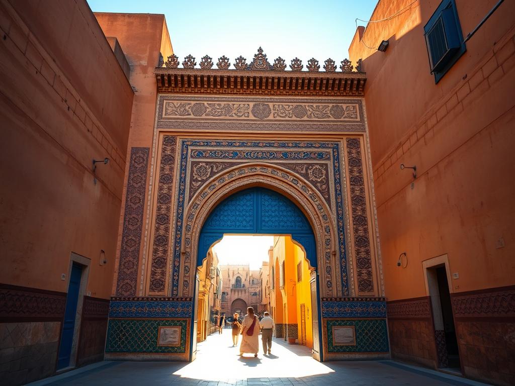 Bab Bou Jeloud, the ornate blue gate of Fès, standing tall against the sun-drenched, ochre-hued walls of the ancient medina. Intricate patterns of carved stone and vibrant ceramic tiles frame the grand archway, beckoning visitors to step through into the labyrinthine streets beyond. Warm, golden light filters through the gateway, casting soft shadows and highlighting the rich, saturated blues that give this iconic landmark its evocative nickname - the Blue Gate of Fès. The scene exudes a timeless, mystical atmosphere, capturing the essence of this storied Moroccan city.