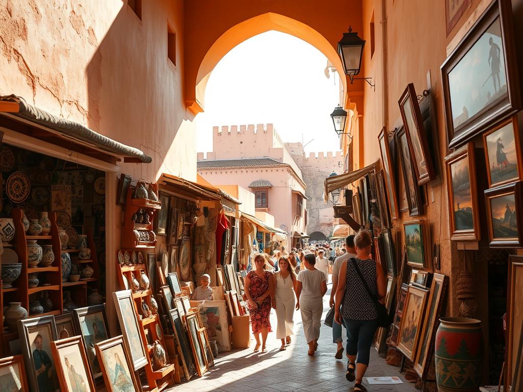 Bustling Kunstgalerien in the charming coastal town of Essaouira, Morocco. Vibrant storefronts line the sun-drenched medina streets, showcasing a diverse array of traditional Moroccan art, intricate handcrafted ceramics, vibrant textiles, and captivating paintings. Eager artists and gallery owners enthusiastically welcome visitors, eager to share the rich cultural heritage and contemporary creative spirit of this historic city. Warm natural lighting filters through ornate archways, casting a soft glow over the bustling scene. In the distance, the iconic whitewashed buildings and windswept ramparts of the ancient Essaouira Fortification provide a stunning backdrop, hinting at the city's storied past. This artistic oasis invites you to explore, discover, and immerse yourself in the vibrant creative energy pulsing through the heart of Essaouira. Bustling Kunstgalerien in the charming coastal town of Essaouira, Morocco. Vibrant storefronts line the sun-drenched medina streets, showcasing a diverse array of traditional Moroccan art, intricate handcrafted ceramics, vibrant textiles, and captivating paintings. Eager artists and gallery owners enthusiastically welcome visitors, eager to share the rich cultural heritage and contemporary creative spirit of this historic city. Warm natural lighting filters through ornate archways, casting a soft glow over the bustling scene. In the distance, the iconic whitewashed buildings and windswept ramparts of the ancient Essaouira Fortification provide a stunning backdrop, hinting at the city's storied past. This artistic oasis invites you to explore, discover, and immerse yourself in the vibrant creative energy pulsing through the heart of Essaouira.