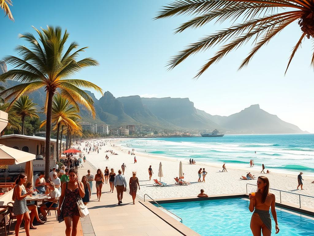 Camps Bay Strand: A Picturesque Seaside Oasis A sun-drenched beachfront, framed by the majestic Twelve Apostles mountain range and lush palm trees. Pristine white sand stretches out to meet the turquoise waves of the Atlantic Ocean, inviting visitors to bask in the laid-back coastal ambiance. In the foreground, stylishly dressed beachgoers stroll along the promenade, sipping cocktails and dining at chic cafes. The midground captures the iconic Camps Bay Tidal Pool, its tranquil waters reflecting the surrounding natural beauty. In the background, the dramatic cliffs and slopes of Table Mountain loom, casting a serene, cinematic glow over the entire scene. Soft, warm lighting filters through, creating a dreamy, postcard-perfect atmosphere.