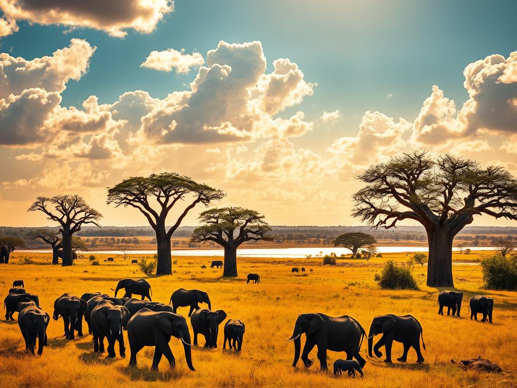 Chobe National Park, Botswana: a lush, vibrant ecosystem teeming with diverse wildlife. In the foreground, a majestic herd of elephants roams the savanna, their trunks swaying in the gentle breeze. Towering baobab trees dot the middle ground, casting long shadows on the golden grasslands below. In the distance, the Chobe River winds its way through the landscape, its shimmering surface reflecting the brilliant blue sky above. Fluffy cumulus clouds drift lazily overhead, illuminated by warm, golden sunlight filtering through the atmosphere. The scene exudes a sense of tranquility and harmony, perfectly capturing the unique climatic conditions of this remarkable wildlife haven.