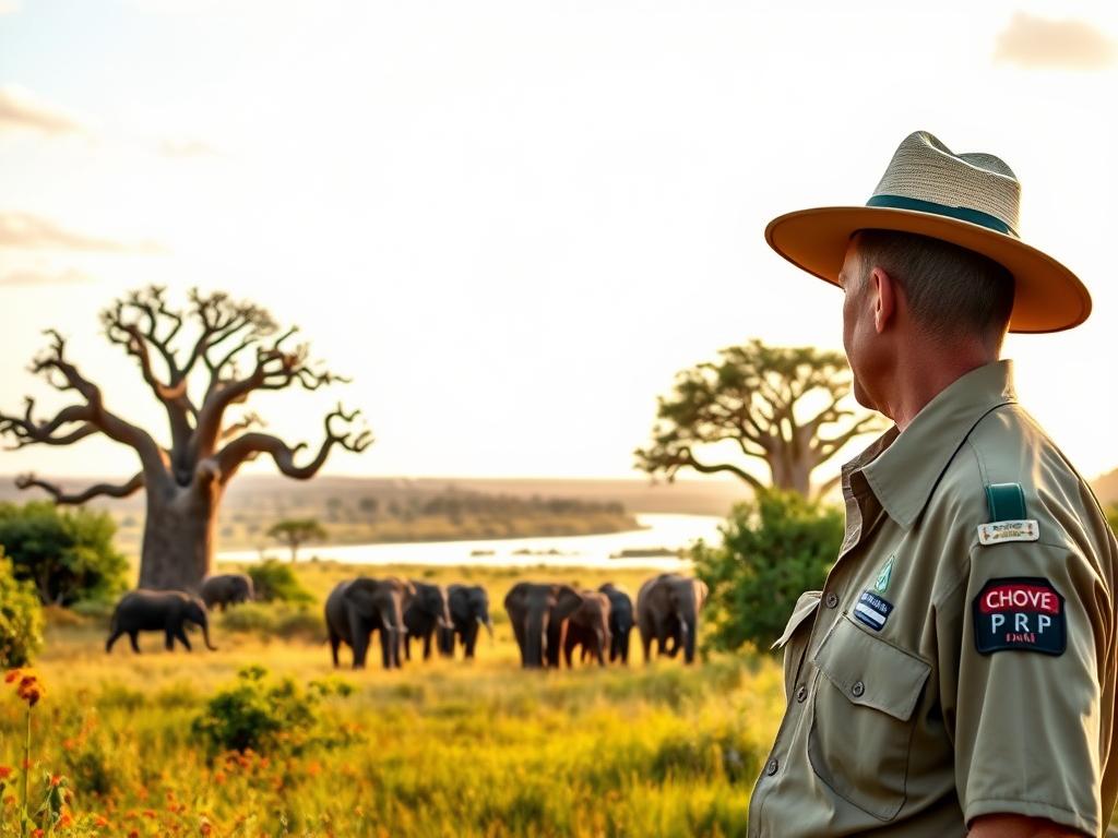 Chobe National Park guide standing in the lush, green savanna of Botswana, surrounded by towering baobab trees and vibrant wildflowers. The guide's khaki uniform and safari hat evoke a sense of adventure and expertise. In the middle ground, a herd of majestic elephants roams freely, their trunks swinging gracefully. In the distance, the Chobe River winds its way through the landscape, reflecting the golden hues of the setting sun. The scene is bathed in warm, soft lighting, creating a serene and awe-inspiring atmosphere that captures the essence of this remarkable wildlife haven.