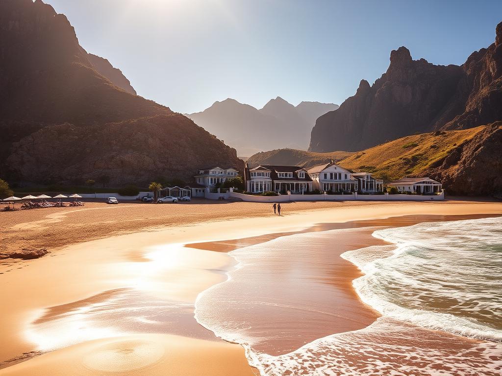 Clifton Beach, a serene coastal paradise in Cape Town, South Africa. A golden sandy expanse framed by towering granite cliffs, bathed in warm, golden sunlight. Gentle waves caress the shore, creating a soothing symphony. In the foreground, sun-dappled umbrellas and loungers dot the landscape, inviting visitors to bask in the tranquility. The middle ground features a picturesque promenade lined with chic, pastel-hued beach houses. In the distance, the iconic Twelve Apostles mountain range rises majestically, creating a breathtaking backdrop. The scene exudes an air of exclusivity, sophistication, and natural beauty, perfectly capturing the essence of Clifton Beaches.