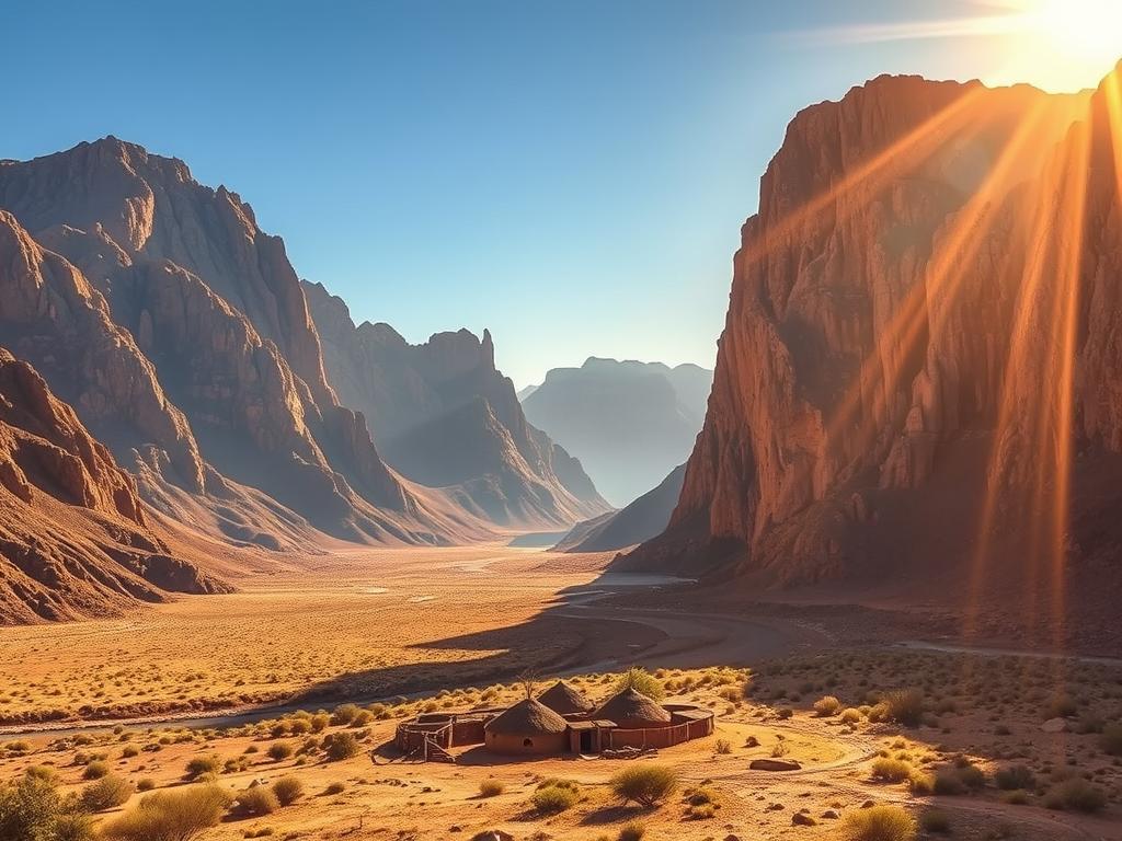 Geographische Lage und Klima im Damaraland: A sweeping vista of Namibia's rugged Damaraland region, with towering granite mountains, dry riverbeds, and sparse desert vegetation. Warm, golden sunlight illuminates the scene, casting long shadows and creating a sense of vast, arid expanse. In the foreground, a small cluster of traditional Himba huts nestled amidst the rocky landscape, hinting at the region's indigenous culture. The sky is a brilliant, cloudless blue, reflecting the region's hot, semi-arid climate. The composition captures the essence of Damaraland's unique geography and climate, inviting the viewer to imagine the challenges and beauty of this remote, yet captivating corner of Namibia.