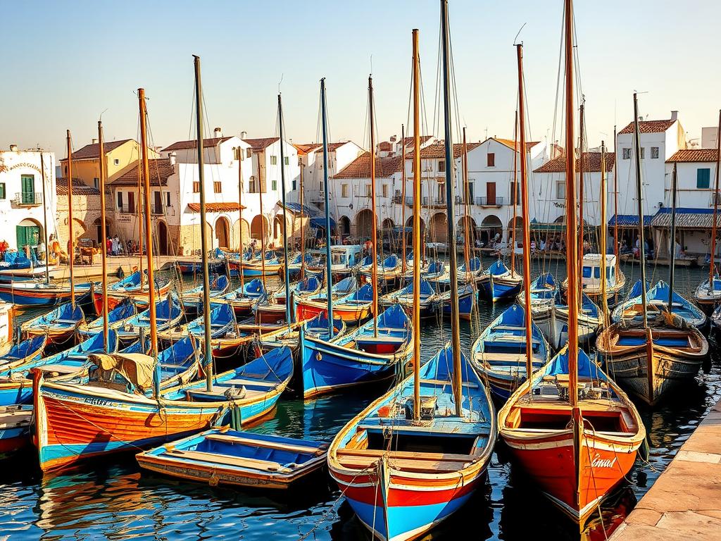 Hafen Essaouira, a picturesque coastal town in Morocco, where rows of vibrant blue fishing boats dot the tranquil waters. Capture the essence of this maritime scene, showcasing the colorful wooden hulls and weathered sails against a backdrop of whitewashed buildings, their facades adorned with intricate tilework. Utilize a wide-angle lens to encompass the bustling activity of the harbor, with fishermen mending their nets and locals going about their daily routines. Bathe the scene in warm, golden sunlight that casts long shadows and highlights the weathered textures of the boats and buildings. Convey a sense of timeless charm and the rhythmic ebb and flow of the coastal life that defines this enchanting harbor. Hafen Essaouira, a picturesque coastal town in Morocco, where rows of vibrant blue fishing boats dot the tranquil waters. Capture the essence of this maritime scene, showcasing the colorful wooden hulls and weathered sails against a backdrop of whitewashed buildings, their facades adorned with intricate tilework. Utilize a wide-angle lens to encompass the bustling activity of the harbor, with fishermen mending their nets and locals going about their daily routines. Bathe the scene in warm, golden sunlight that casts long shadows and highlights the weathered textures of the boats and buildings. Convey a sense of timeless charm and the rhythmic ebb and flow of the coastal life that defines this enchanting harbor.