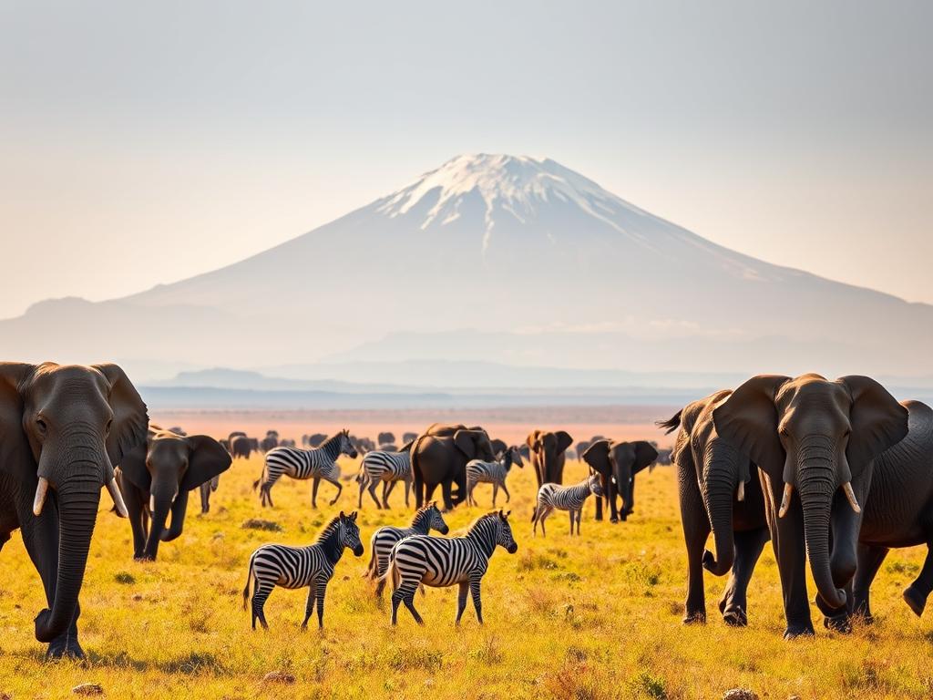 Herds of elephants roaming in the vast, sun-drenched expanse of the Amboseli National Park. In the foreground, a majestic bull elephant leading its family, their wrinkled gray skin glistening under the warm, golden light. In the middle ground, a herd of zebras grazes peacefully, their black and white stripes creating a striking contrast against the lush, verdant grasslands. In the background, the iconic snow-capped peak of Mount Kilimanjaro rises majestically, casting a serene, awe-inspiring presence over the scene. The image conveys a sense of tranquility and harmony, capturing the essence of the Amboseli National Park and its diverse, thriving wildlife. Herds of elephants roaming in the vast, sun-drenched expanse of the Amboseli National Park. In the foreground, a majestic bull elephant leading its family, their wrinkled gray skin glistening under the warm, golden light. In the middle ground, a herd of zebras grazes peacefully, their black and white stripes creating a striking contrast against the lush, verdant grasslands. In the background, the iconic snow-capped peak of Mount Kilimanjaro rises majestically, casting a serene, awe-inspiring presence over the scene. The image conveys a sense of tranquility and harmony, capturing the essence of the Amboseli National Park and its diverse, thriving wildlife.