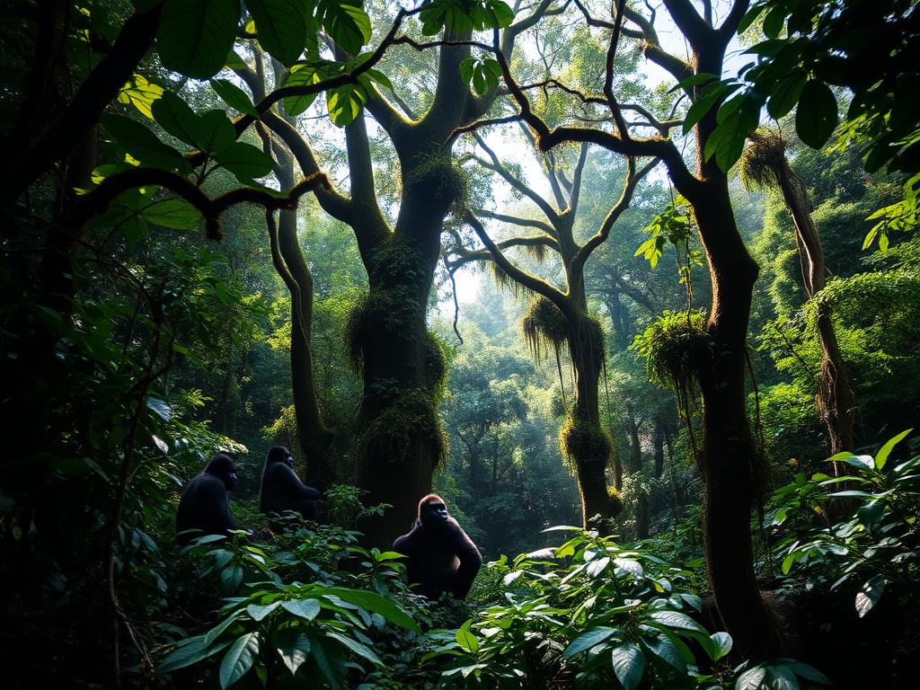 Lush, dense rainforest canopy casting dappled sunlight onto the verdant undergrowth. Towering trees draped in vines and epiphytes, their mossy trunks rising up to meet the heavens. Amidst the foliage, glimpses of dark silhouettes - the majestic, powerful forms of mountain gorillas, their powerful limbs and broad chests a testament to their might. A tranquil, primeval scene, evoking the timeless wonder of Africa's untamed wilderness. Captured with a wide-angle lens to convey the scale and grandeur of the gorillas' natural habitat, the image exuding a sense of awe and reverence.