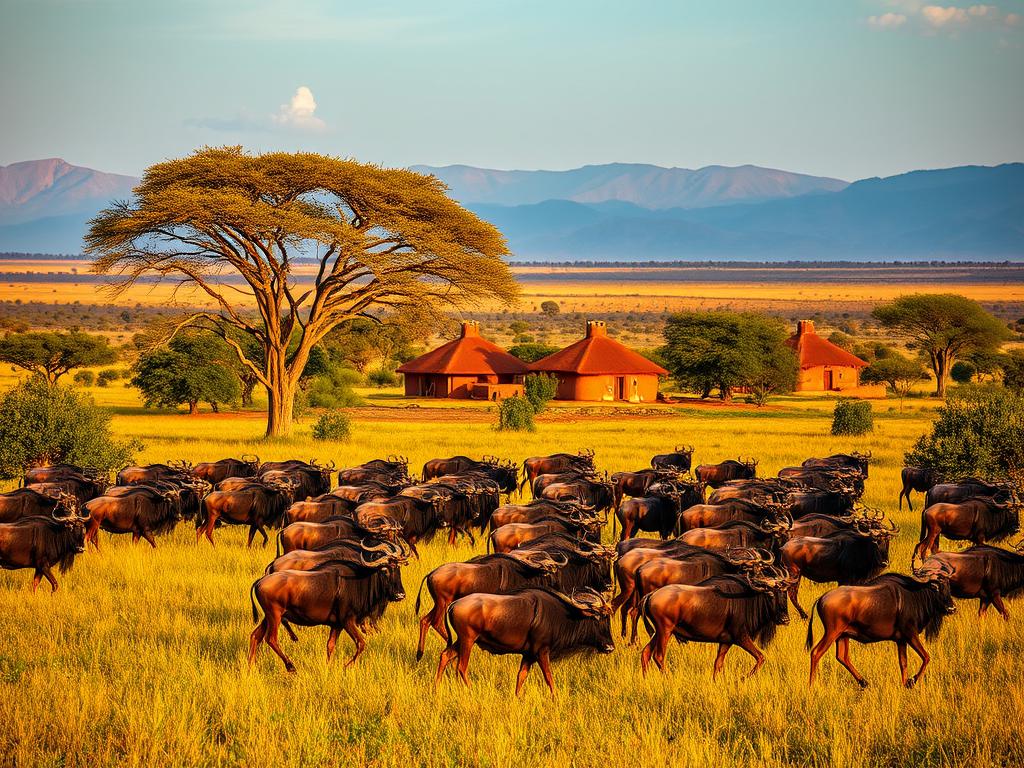 Lush savanna landscape of the Masai Mara National Reserve, Kenya. In the foreground, a herd of majestic wildebeests grazing peacefully, their movements captured in a dynamic, cinematic style. The middle ground features a traditional Masai village, with vibrant red-ochre-colored huts nestled among acacia trees. In the background, the iconic silhouettes of Masai Mara's rolling hills and distant mountains are bathed in golden afternoon light, creating a serene, contemplative atmosphere. The scene is rendered with a photorealistic clarity, highlighting the region's natural beauty and the rich cultural heritage of the Masai people.