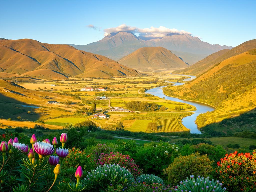 Lush, verdant landscapes along the Klima Garden Route, with rolling hills, towering mountains, and a winding river cutting through the scene. In the foreground, a vibrant tapestry of indigenous flora, from proteas to fynbos, bathed in warm, golden sunlight. The middle ground features a picturesque farmstead, its thatched-roof buildings nestled amidst orchards and vineyards. In the distance, the majestic peaks of the Outeniqua Mountains rise up, their summits kissed by wispy clouds. The overall mood is one of tranquility and natural harmony, capturing the essence of the Garden Route's temperate, Mediterranean climate.
