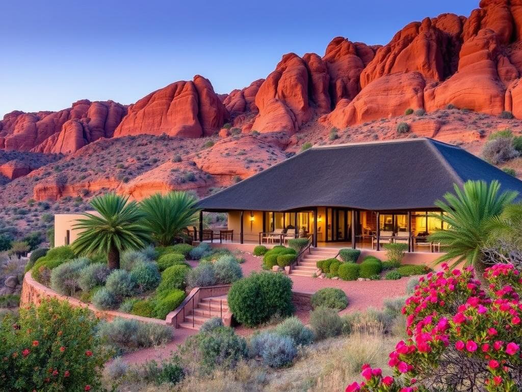 Luxurious Namibian safari lodge nestled in rugged, arid landscape. Warm, earthy tones of the main building blend seamlessly with surrounding ochre cliffs and scrubland. Elegant thatched roofs and wide verandas evoke colonial-era charm. Lush, manicured gardens with vibrant blooms frame the scene. Soft, diffused lighting casts a romantic glow, while large windows offer panoramic vistas of the vast, untamed wilderness beyond. A secluded, intimate oasis of refined comfort and rustic refinement, perfectly suited for a luxurious Namibian honeymoon retreat.