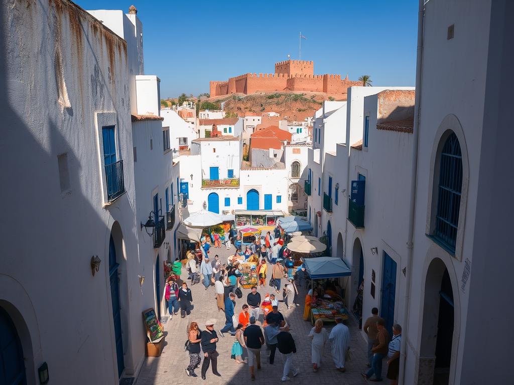 Medina Essaouira Gassen: A captivating labyrinth of narrow, winding streets lined with whitewashed buildings and vibrant blue doors. Sunlight dances through the intricate archways, casting warm shadows upon the cobblestones. In the bustling central square, vendors offer an array of handcrafted wares, their voices mingling with the sound of lively conversation. The air is filled with the scent of spices and the rhythmic chatter of passersby. Towering ramparts and bastions stand guard, a testament to the city's storied history. Capture the essence of this enchanting Moroccan medina, with its timeless charm and vibrant spirit. Medina Essaouira Gassen: A captivating labyrinth of narrow, winding streets lined with whitewashed buildings and vibrant blue doors. Sunlight dances through the intricate archways, casting warm shadows upon the cobblestones. In the bustling central square, vendors offer an array of handcrafted wares, their voices mingling with the sound of lively conversation. The air is filled with the scent of spices and the rhythmic chatter of passersby. Towering ramparts and bastions stand guard, a testament to the city's storied history. Capture the essence of this enchanting Moroccan medina, with its timeless charm and vibrant spirit.