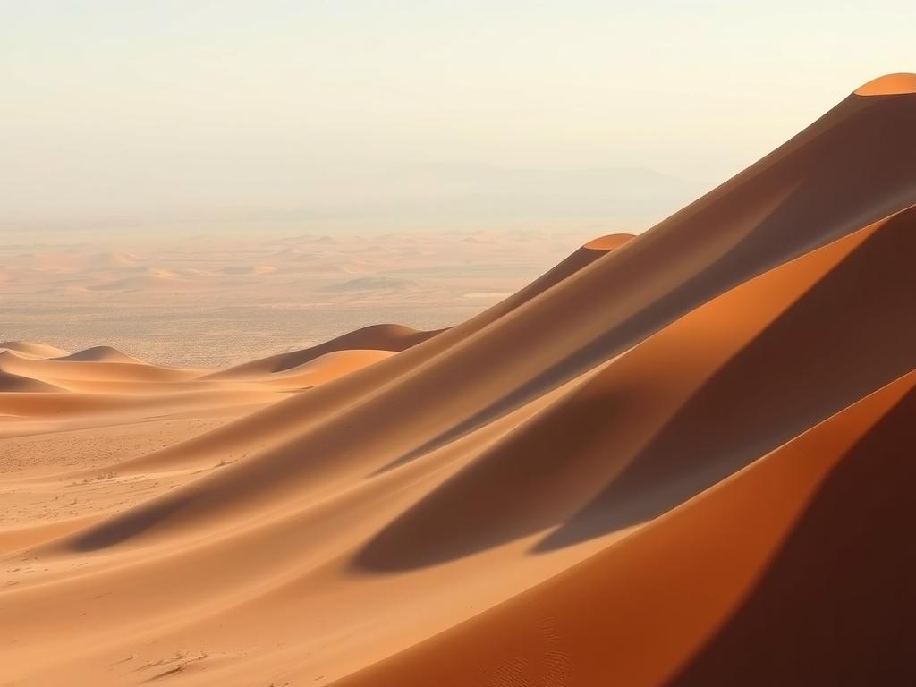Namib Desert dunes, a vast and captivating landscape stretching across the horizon. In the foreground, towering sand dunes cast long shadows, their undulating forms sculpted by the wind. The middle ground features a scattering of sparse vegetation, resilient plants adapted to the arid conditions. In the distance, the dunes blend seamlessly with the hazy blue sky, creating a sense of endless vastness. Warm, golden sunlight bathes the scene, accentuating the depth and texture of the dunes. A serene, otherworldly atmosphere pervades the image, evoking a feeling of tranquility and wonder in the viewer.