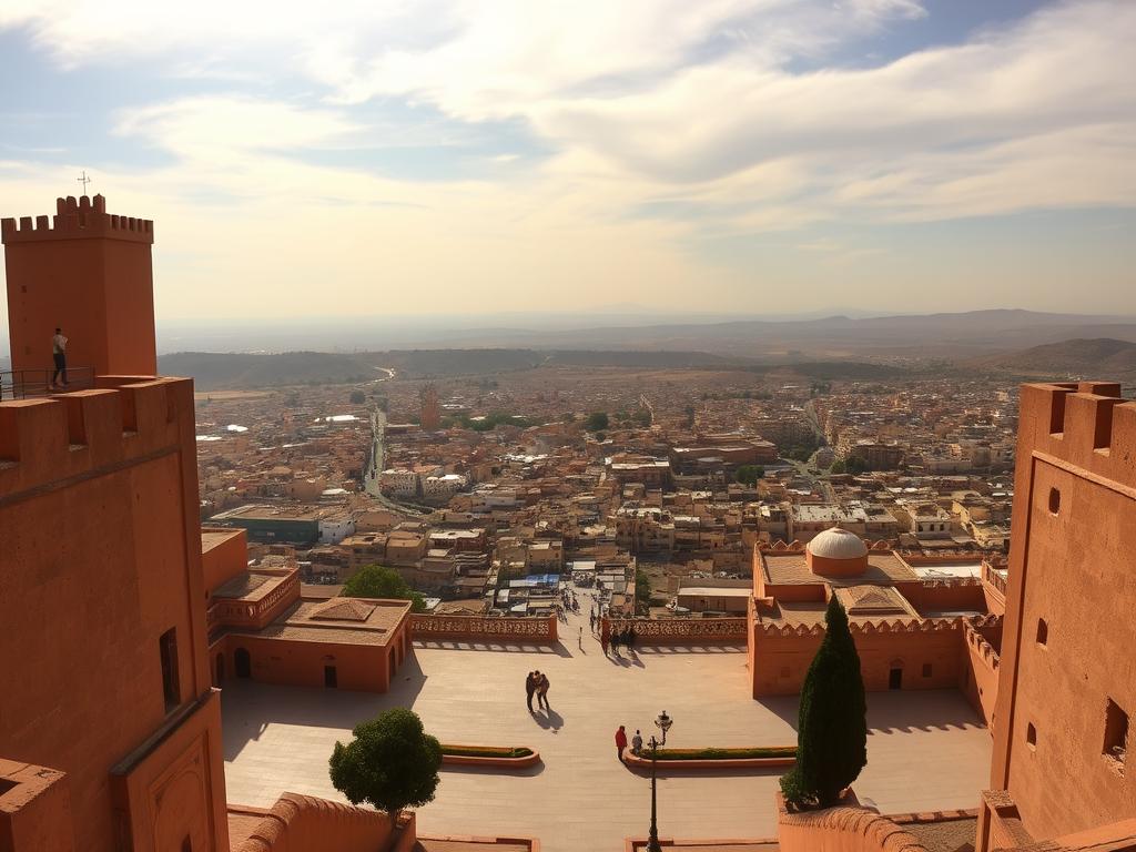 Panoramablick Festung Borj Sud: A breathtaking vista overlooking the ancient medina of Fès, Morocco. The towering ochre-hued fortress stands proud, its battlements and towers silhouetted against a sky painted in warm golden hues. In the foreground, a serene plaza invites visitors to linger, taking in the magnificent panoramic view that stretches out below - the labyrinthine alleyways, vibrant markets, and the distant rolling hills. Capture the essence of Fès' timeless charm through a wide-angle lens, highlighting the striking contrast between the historic architecture and the expansive landscape beyond. Imbue the scene with a sense of peaceful tranquility, as if inviting the viewer to step into this enchanting moment.