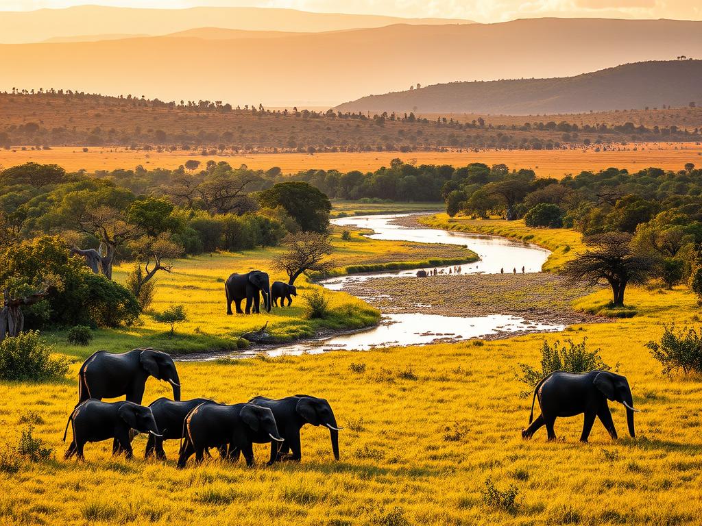 Prompt A lush, verdant landscape of the Chobe National Park in Botswana, showcasing its sustainable conservation efforts. In the foreground, a herd of elephants peacefully grazing on the rich, fertile grasslands, their massive forms silhouetted against the warm, golden light of the setting sun. In the middle ground, a meandering river teeming with diverse aquatic life, its banks lined with towering, ancient baobab trees. In the background, rolling hills covered in a tapestry of indigenous flora, hinting at the park's dedication to preserving the natural ecosystem. The scene conveys a sense of harmony and balance between human stewardship and the untamed beauty of the African wilderness.