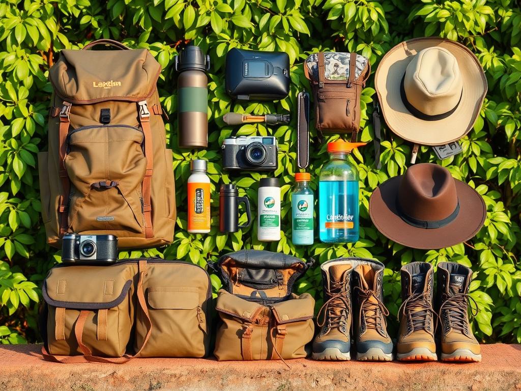 Safari Ausrüstung Checkliste: A neatly organized grid of essential camping and safari gear, including a sturdy backpack, binoculars, camera, insect repellent, water bottle, hat, and hiking boots. The items are arranged against a backdrop of lush green foliage, with warm, natural lighting casting soft shadows. The scene conveys a sense of adventure and preparedness, evoking the spirit of an immersive safari experience in Botswana's Chobe National Park.