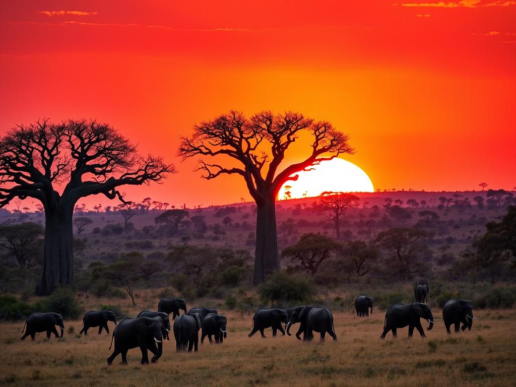 Scenic Kenyan landscape during prime safari season: Majestic baobab trees silhouetted against a vibrant orange-pink sunset sky, acacia woodlands in the middle distance, and a herd of elephants peacefully grazing in the foreground. Warm, soft lighting illuminates the scene, creating a serene and inviting atmosphere. The composition captures the essence of the optimal time to visit Kenya for an unforgettable Big 5 safari adventure.