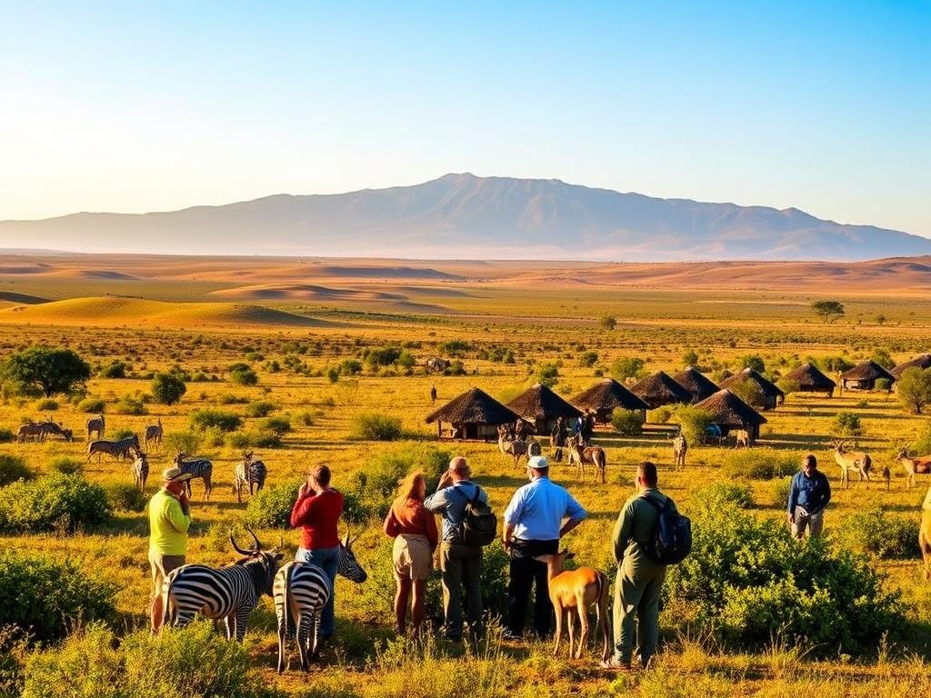 Serene African savanna landscape, with lush green vegetation, rolling hills, and a clear blue sky. In the foreground, a group of tourists on a guided walking safari, observing local wildlife such as zebras, gazelles, and birds, while their guide explains sustainable conservation practices. The middle ground showcases a traditional village, with thatched-roof huts and locals engaged in cultural activities. In the distance, a majestic mountain range provides a stunning backdrop. The scene is bathed in warm, golden light, creating a peaceful and immersive atmosphere that highlights the harmony between nature, culture, and responsible tourism.