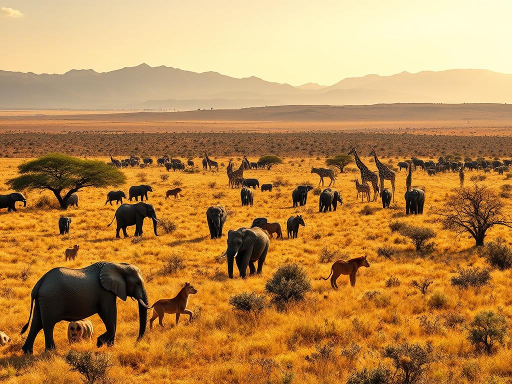 Serene African savanna, sun-dappled grasslands teeming with diverse wildlife. Majestic elephants, graceful giraffes, and lions prowling amid acacia trees. In the distance, rolling hills and towering mountains frame the scene. Adventurers explore the rugged terrain, embarking on guided safaris and hiking trails that reveal the region's natural wonders. Vibrant local culture adds depth, with traditional villages and bustling city centers. Warm, golden light bathes the entire landscape, capturing the essence of an immersive Namibian safari experience. Serene African savanna, sun-dappled grasslands teeming with diverse wildlife. Majestic elephants, graceful giraffes, and lions prowling amid acacia trees. In the distance, rolling hills and towering mountains frame the scene. Adventurers explore the rugged terrain, embarking on guided safaris and hiking trails that reveal the region's natural wonders. Vibrant local culture adds depth, with traditional villages and bustling city centers. Warm, golden light bathes the entire landscape, capturing the essence of an immersive Namibian safari experience.