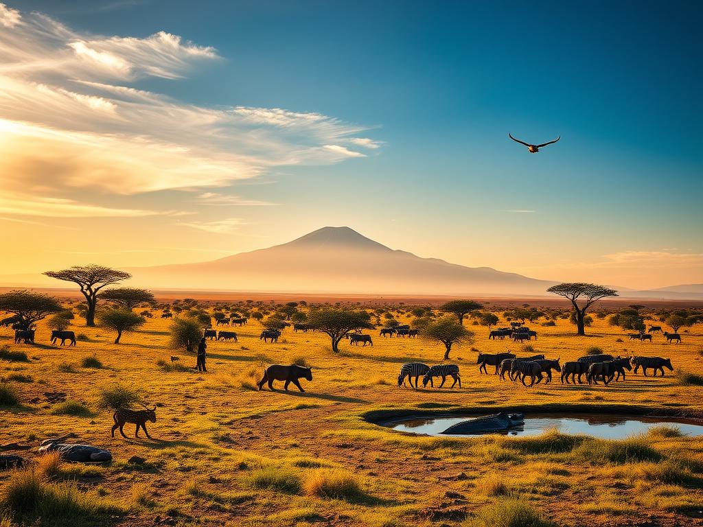 Serengeti landscape, lush grasslands and acacia trees, roaming herds of wildebeest and zebra, majestic Mount Kilimanjaro in the distance, warm golden sunlight filtering through wispy clouds, Maasai tribesmen silhouetted against the horizon, a lone cheetah stalking its prey, a watering hole teeming with hippos and crocodiles, a pride of lions resting in the shade, a diverse array of bird species soaring overhead, the grandeur and tranquility of this untamed wilderness.