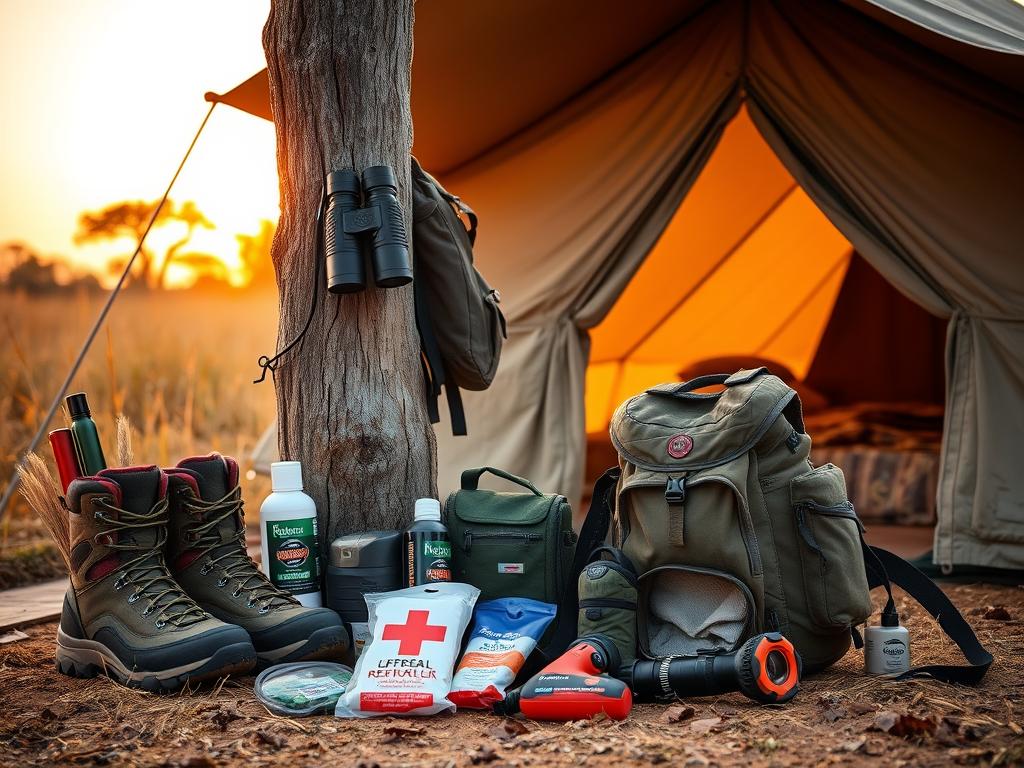 Sicherheitsausrüstung für Safari Vorbereitung: A rugged, well-equipped campsite in the heart of the African savanna. In the foreground, a neatly arranged display of essential safari gear - sturdy hiking boots, insect repellent, a first-aid kit, and a high-powered flashlight. In the middle ground, a heavy-duty backpack and a pair of binoculars hang from a weathered wooden post. The background features a canvas tent, its flaps open to reveal a cozy interior, surrounded by tall grasses and acacia trees silhouetted against a warm, golden-hour sky. The overall mood conveys a sense of adventurous preparation, with the equipment and setting evoking the thrill and responsibility of an immersive safari experience.