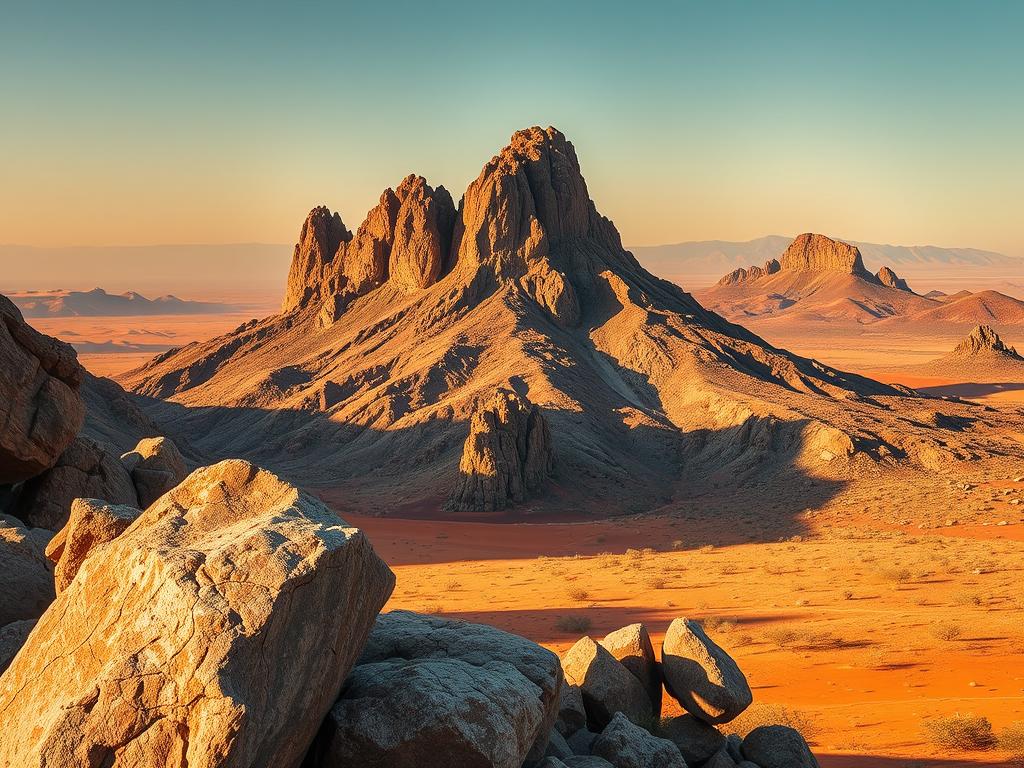 Stunning geological formations of Spitzkoppe mountain, Namibia. A majestic granite peak rising from the rugged Damaraland landscape, its ancient weathered rocks sculpted by time and the elements. Dramatic shadows and highlights accentuate the intricate textures and dramatic contours of the mountain, creating an awe-inspiring scene. The foreground features large boulders and rocky outcrops, leading the eye towards the imposing central formation. In the middle ground, sparse desert vegetation dots the ochre-hued terrain, while the distant background is filled with hazy, rolling hills. Capture this breathtaking natural wonder with a cinematic wide-angle lens, the lighting casting a warm, golden glow across the dramatic scene.