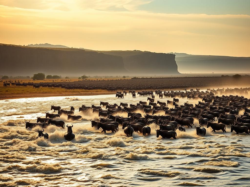 Vast expanse of the Serengeti, wildebeests and zebras in the foreground, cascading across the Mara River in a dramatic Great Migration crossing. Sunlight filters through wispy clouds, casting a golden glow over the dramatic scene. Powerful animals struggle against the swift current, kicking up spray as they navigate the treacherous waters. In the middle ground, herds gather on the opposite bank, waiting their turn. Rugged cliffs rise in the distance, framing the natural spectacle. A sense of raw, primal energy and the relentless cycle of life pervades the tranquil yet intense atmosphere.
