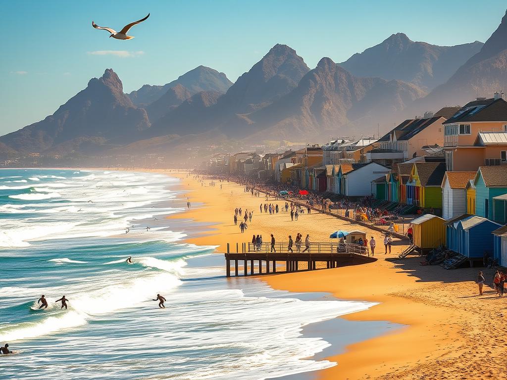 Vibrant Muizenberg Beach: Colorful Beach Huts and Lively Surf A picturesque seaside scene unfolds, with rows of charming, brightly-painted beach huts lining the golden sands of Muizenberg Beach. The huts, in a variety of cheerful hues, create a vibrant and inviting atmosphere. In the foreground, surfers ride the rolling waves, their silhouettes cutting through the clear, azure waters. Seagulls soar overhead, adding to the lively, coastal ambiance. The middle ground features a promenade bustling with beachgoers, strolling and enjoying the sunny day. In the distance, the dramatic, rugged cliffs of the Hottentots Holland Mountains rise, providing a stunning natural backdrop to this quintessential South African beach landscape. The lighting is warm and golden, casting a soft, glowing hue over the entire scene, capturing the idyllic, carefree spirit of this beloved surf destination.