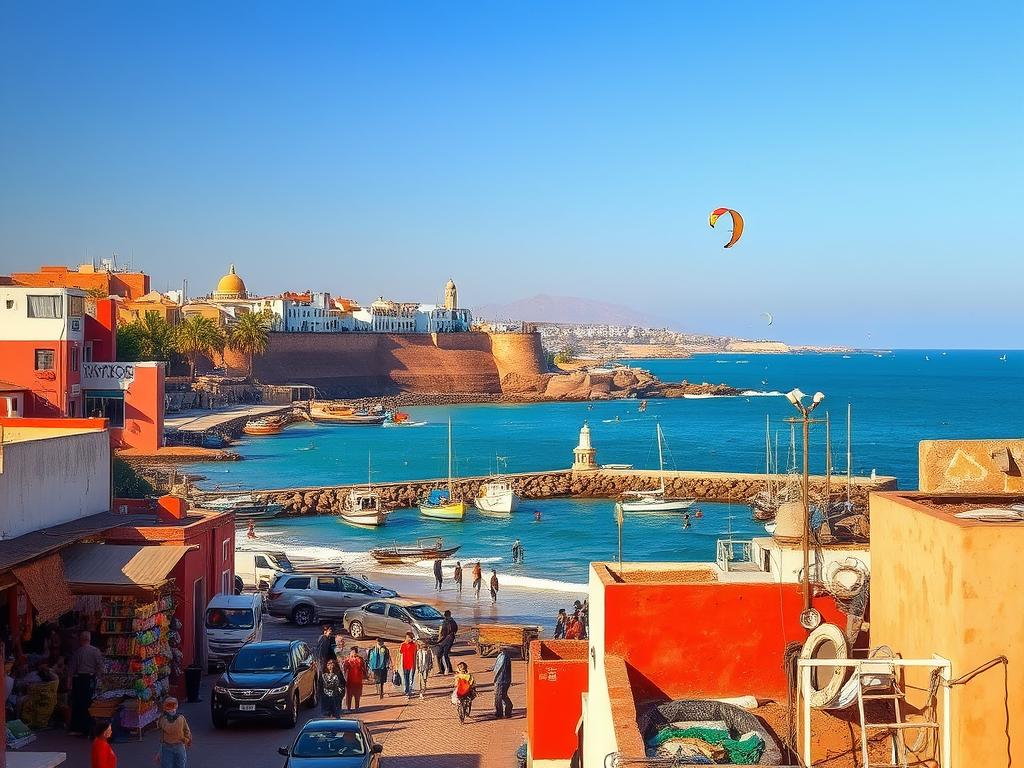 Vibrant and bustling Essaouira, a coastal gem in Morocco. Capture the lively spirit of this charming city - sun-kissed markets, meandering alleyways, and a bustling harbor filled with colorful fishing boats. In the foreground, locals engage in traditional crafts and artisanal wares, while windsurfers and kite-surfers glide across the azure waters. The middle ground reveals the iconic ramparts and fortifications, framed by the rugged coastline. In the distance, the silhouettes of whitewashed buildings and palm trees dot the horizon, bathed in the warm glow of the North African sun. Evoke a sense of adventure, discovery, and the blend of old and new that epitomizes the vibrant Essaouira experience. Vibrant and bustling Essaouira, a coastal gem in Morocco. Capture the lively spirit of this charming city - sun-kissed markets, meandering alleyways, and a bustling harbor filled with colorful fishing boats. In the foreground, locals engage in traditional crafts and artisanal wares, while windsurfers and kite-surfers glide across the azure waters. The middle ground reveals the iconic ramparts and fortifications, framed by the rugged coastline. In the distance, the silhouettes of whitewashed buildings and palm trees dot the horizon, bathed in the warm glow of the North African sun. Evoke a sense of adventure, discovery, and the blend of old and new that epitomizes the vibrant Essaouira experience.