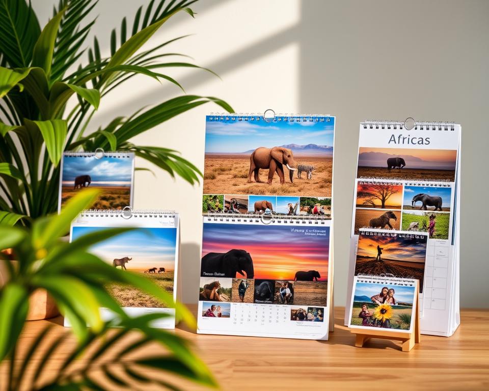 A beautifully arranged photo calendar showcasing various formats, including traditional wall, desk, and mini calendars, each featuring stunning vacation photos from Africa. In the foreground, the calendars are displayed on a wooden table with a vibrant, tropical plant beside them, hinting at a warm, inviting atmosphere. In the middle, the calendars exhibit colorful images of African landscapes, wildlife, and cultural moments, enhancing the visual appeal. The background is softly blurred to highlight the calendars, with gentle, natural lighting that casts subtle shadows, creating depth. The overall mood is joyful and inspiring, showcasing the essence of travel and the importance of capturing memories. A beautifully arranged photo calendar showcasing various formats, including traditional wall, desk, and mini calendars, each featuring stunning vacation photos from Africa. In the foreground, the calendars are displayed on a wooden table with a vibrant, tropical plant beside them, hinting at a warm, inviting atmosphere. In the middle, the calendars exhibit colorful images of African landscapes, wildlife, and cultural moments, enhancing the visual appeal. The background is softly blurred to highlight the calendars, with gentle, natural lighting that casts subtle shadows, creating depth. The overall mood is joyful and inspiring, showcasing the essence of travel and the importance of capturing memories.